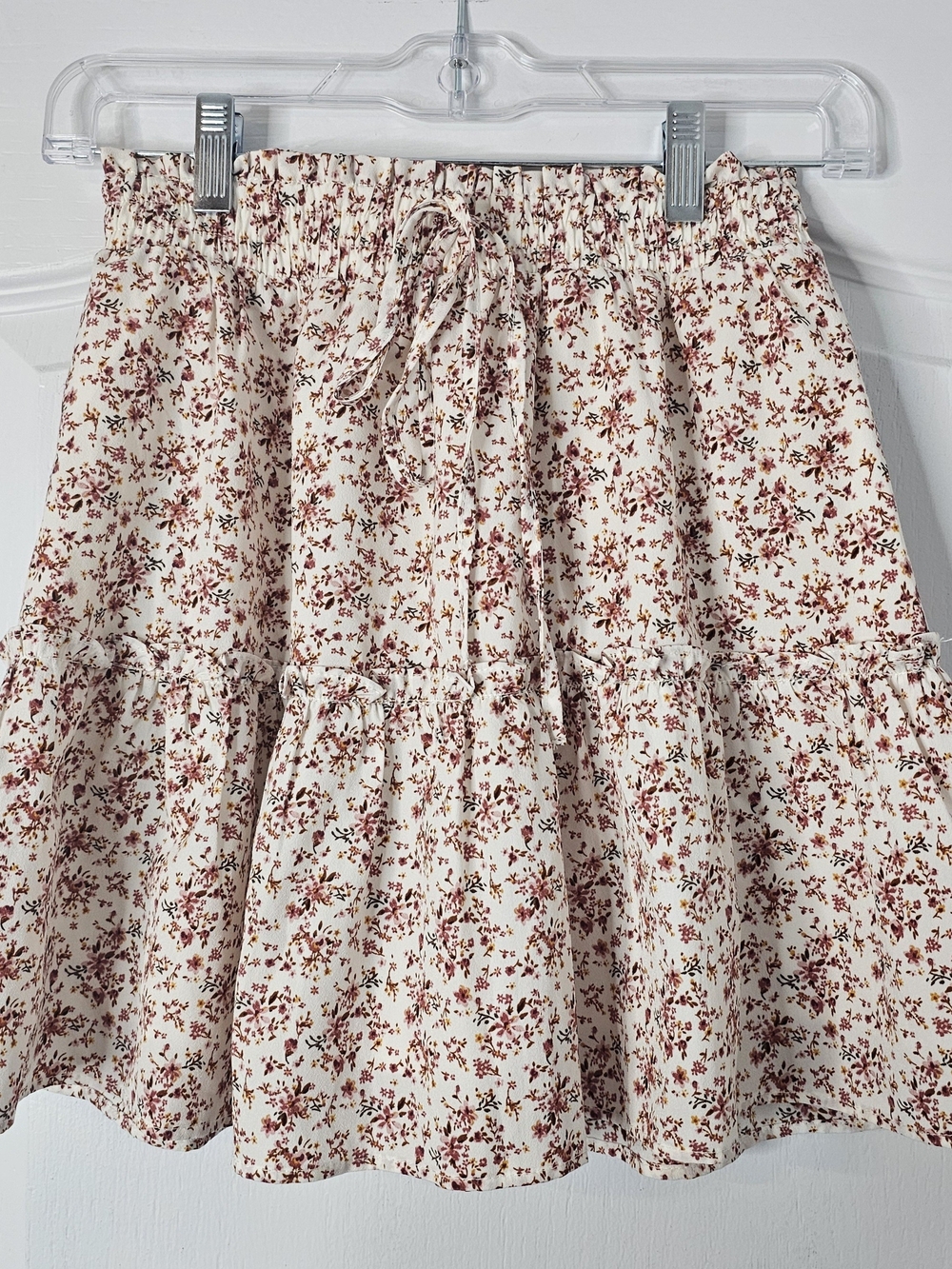 Paper Crane Floral Tiered Mini Skirt in Cream with Pink Floral Print